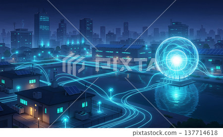 夜幕下的城市閃耀著能量球,展現出未來主義的智慧城市景觀(由人工智慧生成) 夜幕下的城市閃耀著能量球,展現出未來主義的智慧城市景觀(由人工智慧生成) 137714618