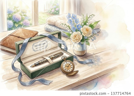 A watercolor-style illustration of a Father's Day gift: a fountain pen, a pocket watch, and a bouquet of flowers. 137714764