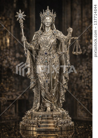 A silver statue of the goddess of justice | A symbol of justice and fairness, holding scales and a sword. 137714844