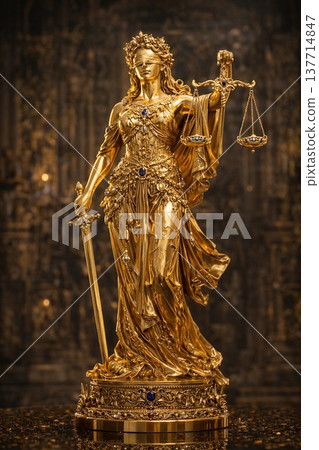 Golden Statue of Justice | A symbol of justice and fairness, holding a sword and scales. 137714847