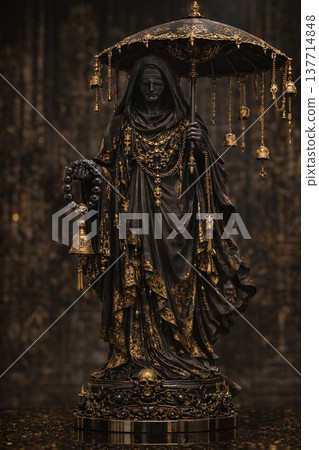 Mysterious goddess statue in black robes holding an ornate umbrella and prayer beads | Gothic dark fantasy sculpture 137714848