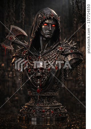 紅眼黑暗戰士雕像 | 帶有斧頭和骷髏裝飾的黑暗奇幻雕像 137714850