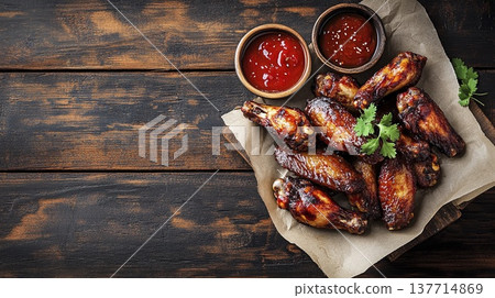 Mouthwatering chicken wings arranged beautifully on rustic wooden table Generative AI 137714869
