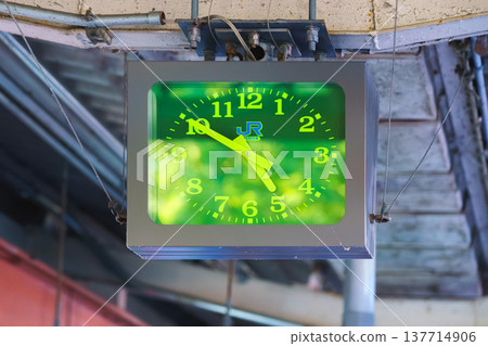 Kyoto, Japan - Sep 23 2024, A close-up view of the station clock with a glowing green dial, at a Japanese railway station, at daytime, without people, Kyoto, Japan 137714906