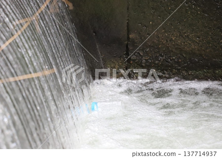 Plastic waste accumulating near water Plastic waste accumulating near water 137714937