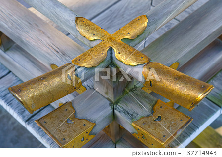Kyoto, Japan - Sep 23 2024, A close-up view of a wooden railing covered with metallic gilded elements with patterns, in Fushimi Insri shrine, at daytime, Kyoto, Japan Kyoto, Japan - Sep 23 2024, A close-up view of a wooden railing covered with metallic gilded elements with patterns, in Fushimi Insri shrine, at daytime, Kyoto, Japan 137714943