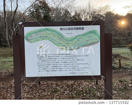 Guide sign for the nature observation area in Nogawa Park Guide sign for the nature observation area in Nogawa Park 137715582