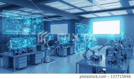 一幅充滿未來感的背景圖，其中尖端研究實驗室和人工智慧技術融合在一起，為科學、醫學和生物研究創造了一個高科技環境。 137715646