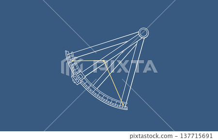 以深藍色背景為襯託的六分儀星座插圖(白色六分儀和金色星座線)。 以深藍色背景為襯託的六分儀星座插圖(白色六分儀和金色星座線)。 137715691