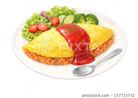 蛋包飯、西式午餐、番茄醬飯、水彩插圖 137715732