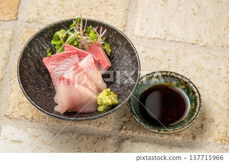 Yellowtail sashimi: A classic Japanese dish featuring fresh yellowtail. Yellowtail sashimi: A classic Japanese dish featuring fresh yellowtail. 137715966