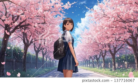 A young lady walking along cherry blossoms A young lady walking along cherry blossoms 137716067