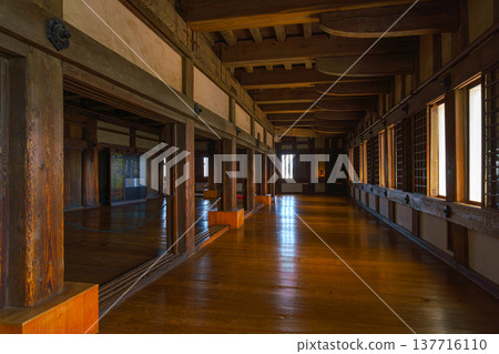 Himeji, Japan - Sep 24 2024, panoramic view of room with sunlight passes through window and leaves a beautiful lattice print on floor, inside Himeji Castle, White Heron castle, Himeji, Japan 137716110