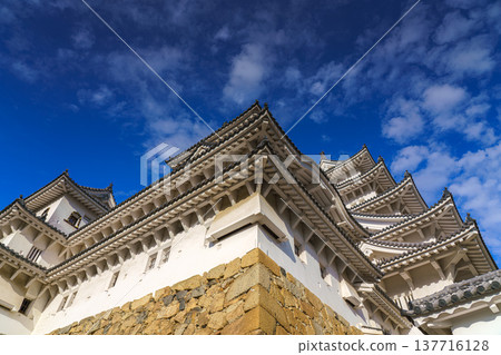 Himeji, Japan - Sep 24 2024, panoramic view of Himeji Castle, White Heron Castle from below, at daytime with blue sky and clouds, without people, Himeji, Japan 137716128