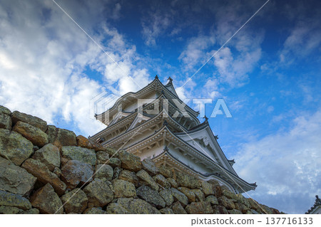 Himeji, Japan - Sep 24 2024, panoramic view of Himeji Castle, White Heron Castle from below, at daytime with blue sky and clouds, without people, Himeji, Japan 137716133