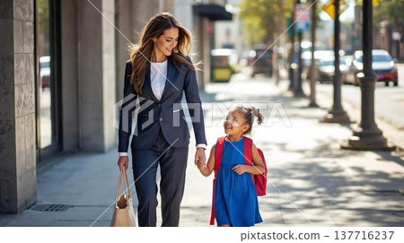 Parent and child walking in town 137716237