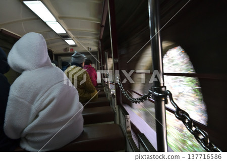 Kurobe Gorge Railway trolley train passing through a tunnel Kurobe Gorge Railway trolley train passing through a tunnel 137716586