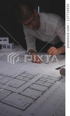 Architect working on blueprint with compass, developing engineering plans and creative building design. Concept of architecture and business in low key lighting Architect working on blueprint with compass, developing engineering plans and creative building design. Concept of architecture and business in low key lighting 137716850