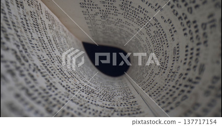 Spiral view of text in an old book from above showing the pages turned into a tunnel shape Spiral view of text in an old book from above showing the pages turned into a tunnel shape 137717154
