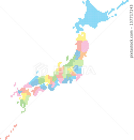 日本列島詳細地圖,依都道府縣劃分,以不同顏色的圓點表示。 日本列島詳細地圖,依都道府縣劃分,以不同顏色的圓點表示。 137717243