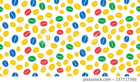 Playful coffee bean pattern with brown and yellow beans arranged randomly on a white background Playful coffee bean pattern with brown and yellow beans arranged randomly on a white background 137717366