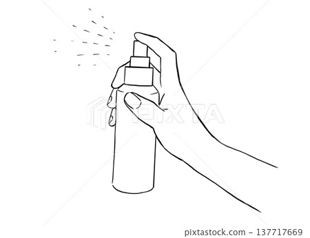 一隻手噴灑消毒劑的線條藝術插圖;用於消毒和清潔的單色圖像。 一隻手噴灑消毒劑的線條藝術插圖;用於消毒和清潔的單色圖像。 137717669