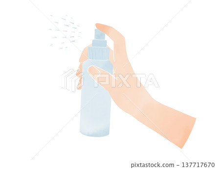 一幅水彩風格的插圖，描繪了一隻手正在噴灑消毒劑或護膚品。 137717670