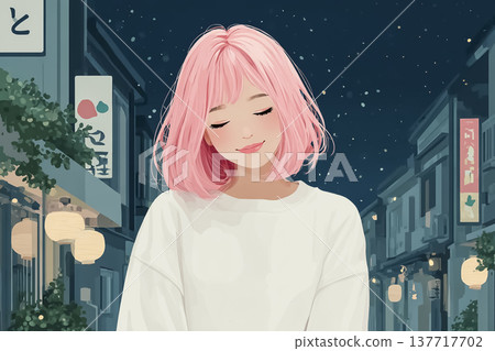 艾米系列：一位粉紅色頭髮的年輕女子在夜色中漫步於城市街頭。艾米系列插圖素材。 137717702