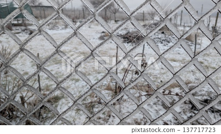 Frosted metal fence encloses snowblanketed open countryside during winter 137717723