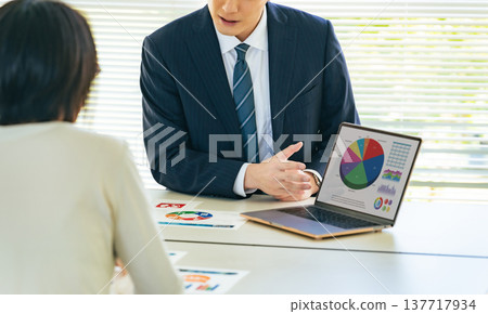 A group of business people discussing business in an office while looking at a laptop screen A group of business people discussing business in an office while looking at a laptop screen 137717934