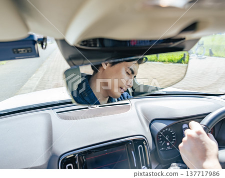The facial expression of a male driver asleep while driving through the rearview mirror The facial expression of a male driver asleep while driving through the rearview mirror 137717986
