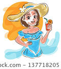 happy summer woman in beach doodle marker style 137718205