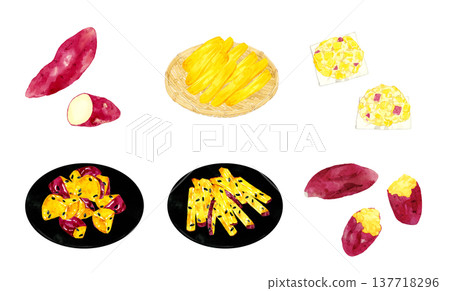 Sweet potato recipe set - hand-drawn watercolor illustration material Sweet potato recipe set - hand-drawn watercolor illustration material 137718296
