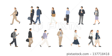 一組描繪商務人士通勤上班的人物畫，畫中男女手持智慧型手機、包包和咖啡。 137718418