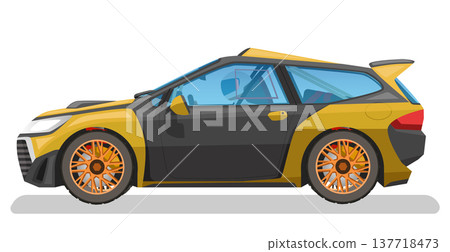 Object isolation side view of rally car two tone yellow and black with driving man. Sport car hatchback with rollbar or full option for race. On isolated white background with shadow. 137718473