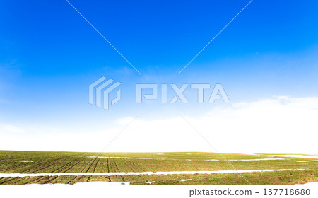 北海道美瑛市山坡上，春末夏初，白雪尚未完全消融，可以看到一片麥田景色。 137718680
