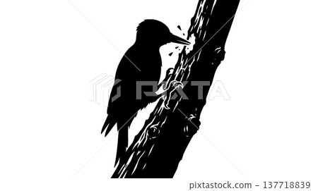 Silhouette of a woodpecker pecking at a tree Silhouette of a woodpecker pecking at a tree 137718839