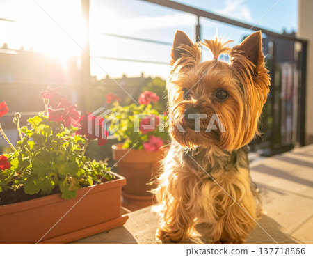 A Yorkshire Terrier on a terrace with a sunset and flower pots A Yorkshire Terrier on a terrace with a sunset and flower pots 137718866