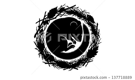 Silhouettes of animals sleeping in a ring of leaves and branches 137718889