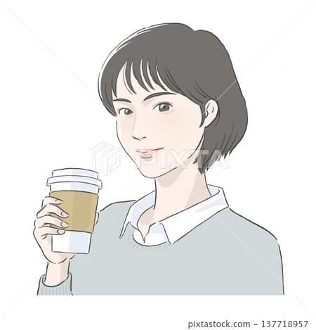An illustration of a woman with black bobbed hair holding a cup of coffee. 137718957