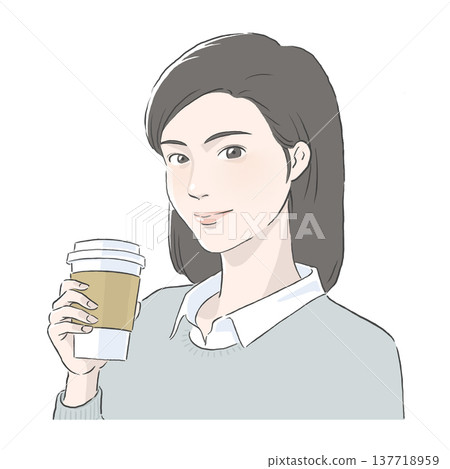 An illustration of a woman with shoulder-length black hair holding a cup of coffee. 137718959
