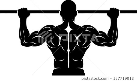 Silhouette of a muscular man doing pull-ups 137719018