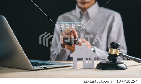 Foreclosure house, property law, bankruptcy concept, person uses smartphone with virtual icons contacting lawyer for estate auction, home sale mortgage debt, legal court division Foreclosure house, property law, bankruptcy concept, person uses smartphone with virtual icons contacting lawyer for estate auction, home sale mortgage debt, legal court division 137719254