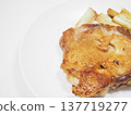 Chicken thigh sauté with green onions, with a composition that includes ample negative space. 137719277