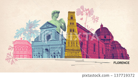 Collage of landmarks of Florence, Italy. Basilica of Santa Maria del Fiore or Basilica of Saint Mary of the Flower in Florence, Italy. Art design Collage of landmarks of Florence, Italy. Basilica of Santa Maria del Fiore or Basilica of Saint Mary of the Flower in Florence, Italy. Art design 137719372