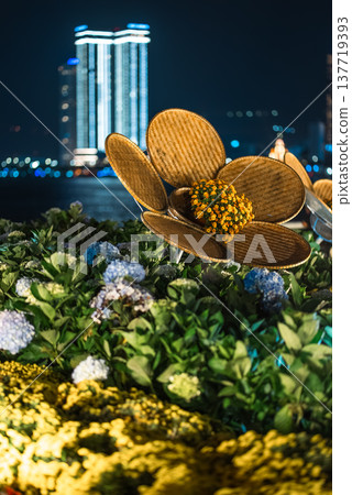 Decorative flower sculpture in waterfront park with night city skyline in Danang Vietnam, Floral art installation by riverfront against illuminated urban skyline, Asian night city view Decorative flower sculpture in waterfront park with night city skyline in Danang Vietnam, Floral art installation by riverfront against illuminated urban skyline, Asian night city view 137719393