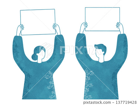 一男一女舉著一塊白板──輕鬆簡約的水彩插畫。 137719428