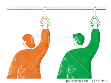 A man and woman holding onto a train strap - a relaxed, pop-style watercolor illustration. A man and woman holding onto a train strap - a relaxed, pop-style watercolor illustration. 137719430