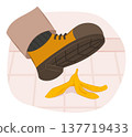 Human Foot in Sneaker Shoe Stepping on Banana Peel on Floor for Slippery Caution Concept Illustration Clip Art 137719433