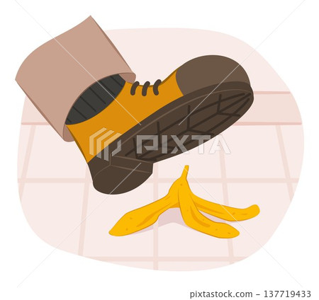 Human Foot in Sneaker Shoe Stepping on Banana Peel on Floor for Slippery Caution Concept Illustration Clip Art Human Foot in Sneaker Shoe Stepping on Banana Peel on Floor for Slippery Caution Concept Illustration Clip Art 137719433